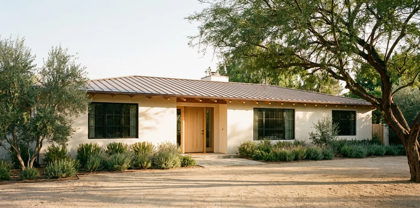 A fully renovated open-plan kitchen and living room in an Arcadia ranch — white oak floors, steel-frame windows, and a custom range hood.